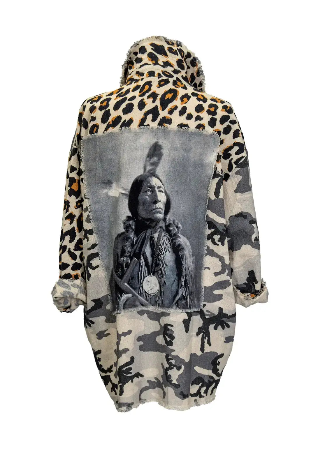 Shacket in Leopard/Camo Print with Native American Patch