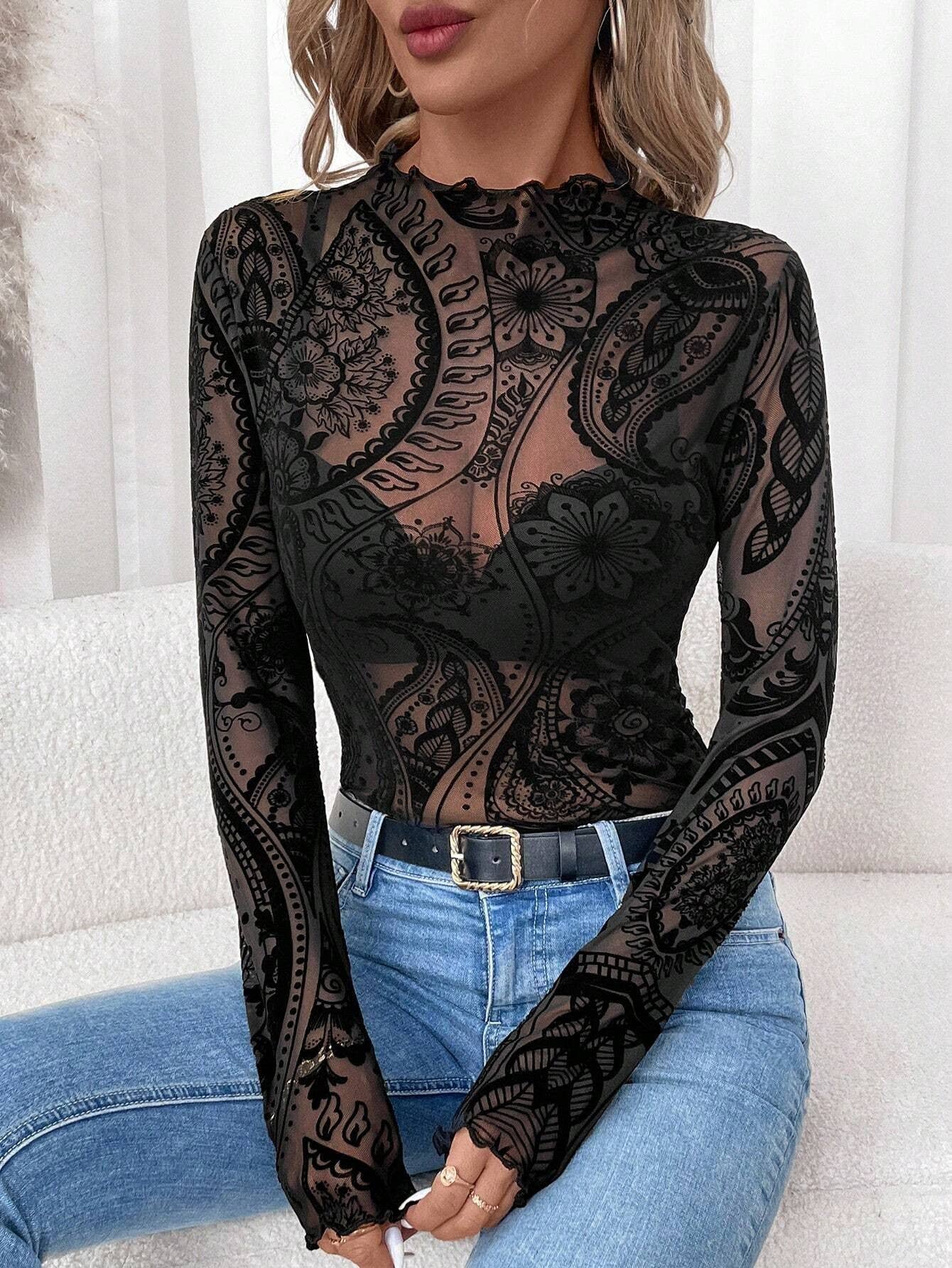 Paisley Velvet Print Mesh Top: Black / Missy / M
