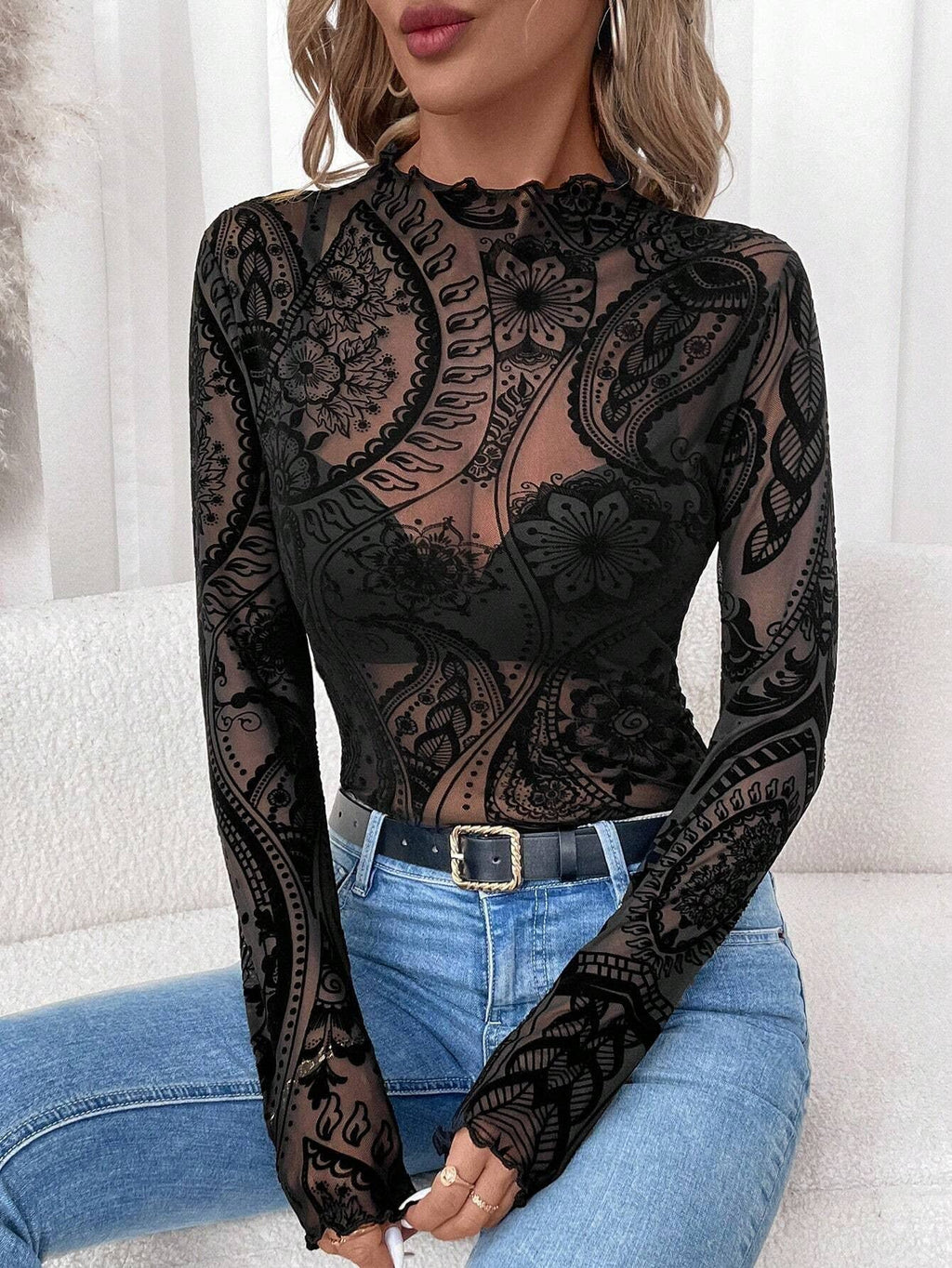 Paisley Velvet Print Mesh Top: Black / Missy / 2XL