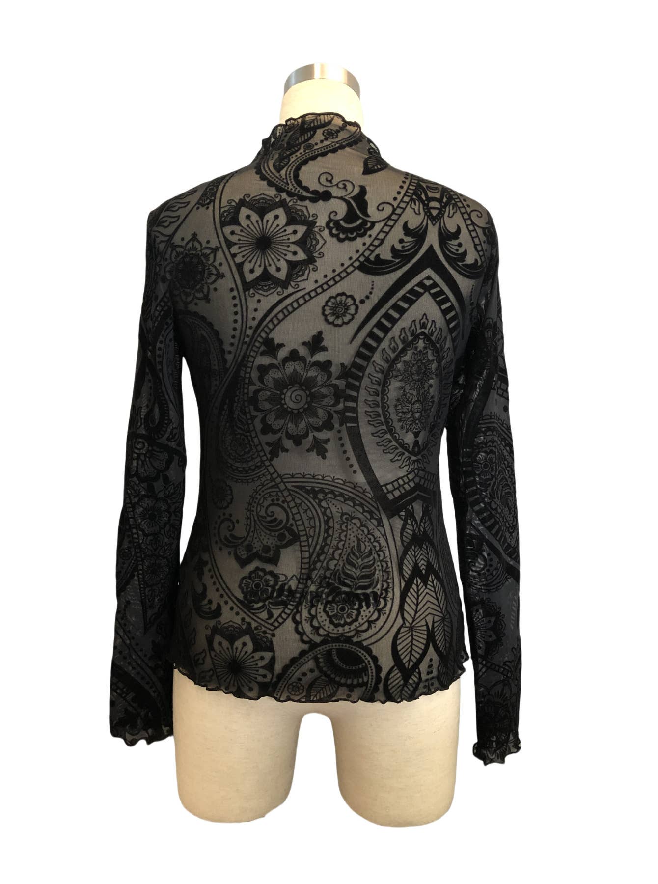 Paisley Velvet Print Mesh Top: Black / Missy / M