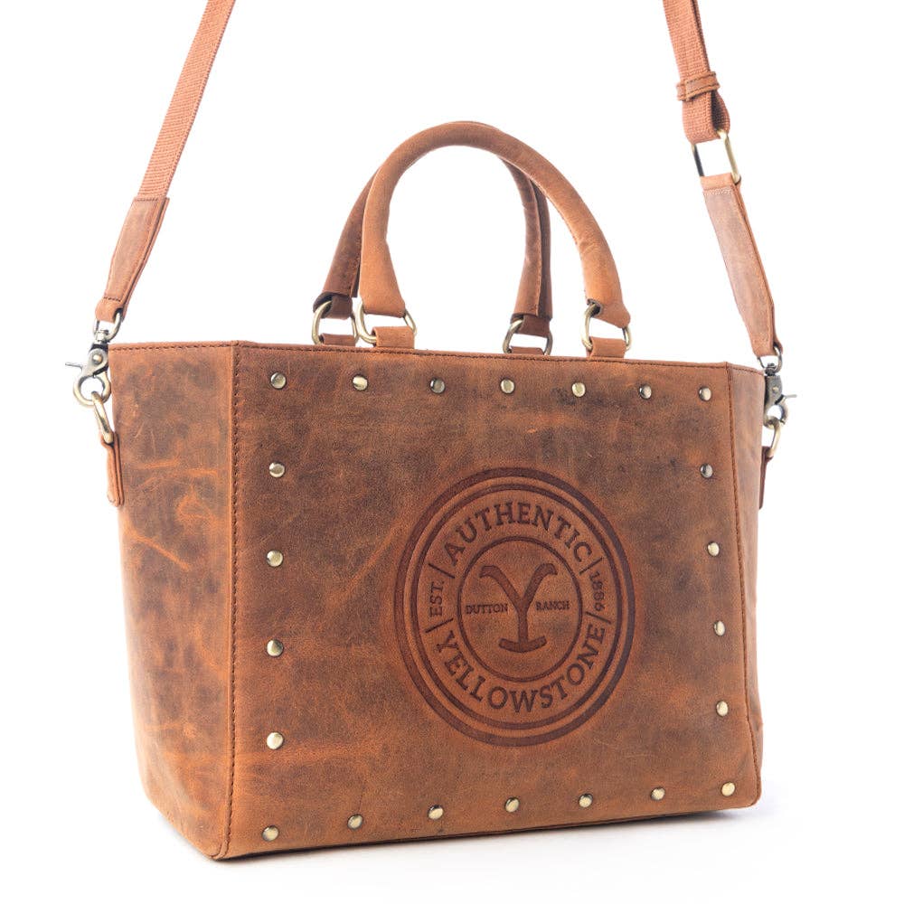 Yellowstone Valley Soul Studded & Embossed Tote Leather Bag in Amber: Dark Brown
