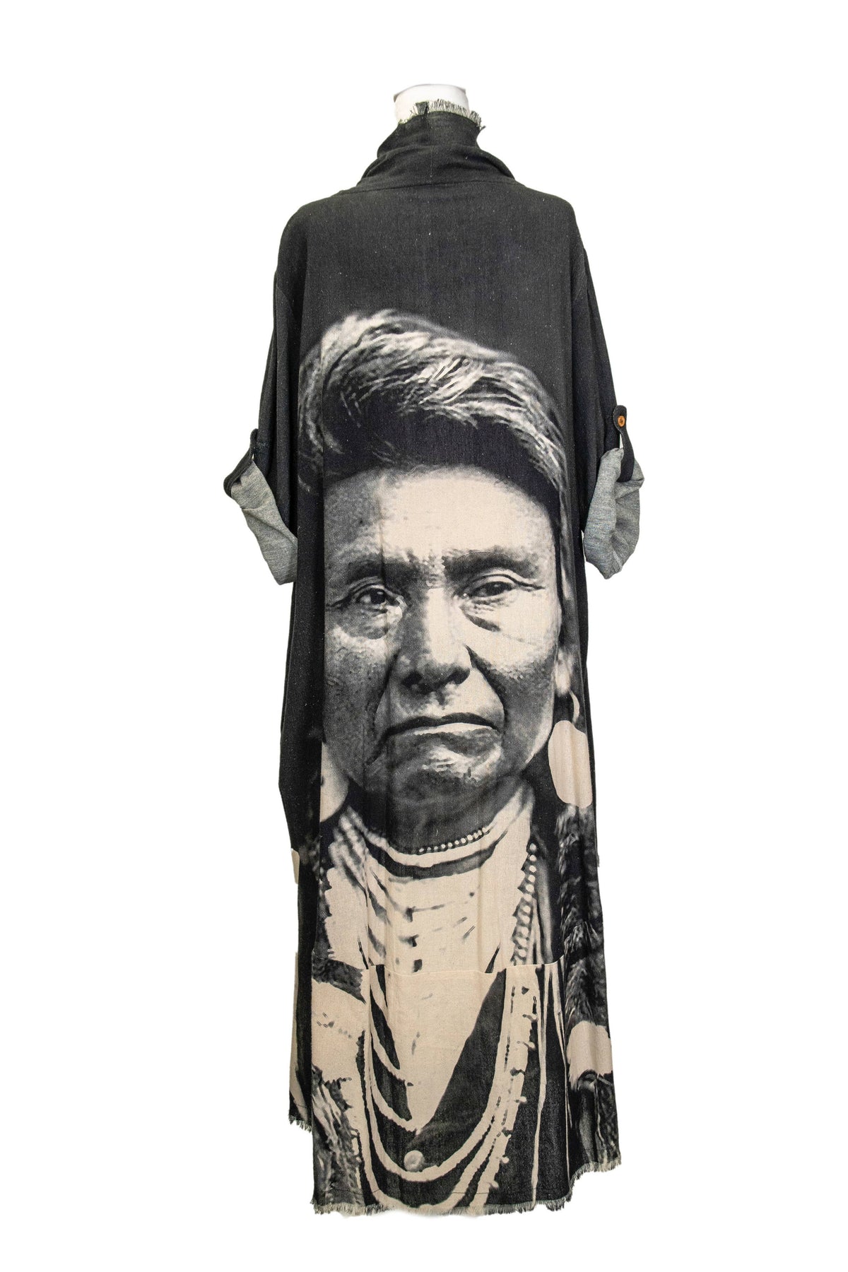 Duster with Chief Joseph Print in Denim Blue or Dark Gray: Charcoal Gray