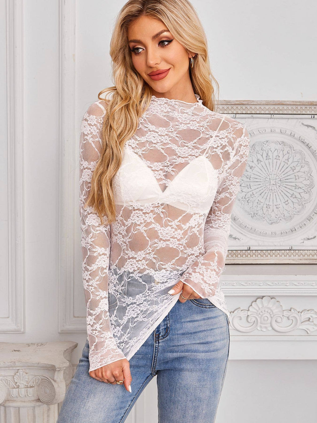 Lace Long Sleeve Top: Pink / Missy / 2XL