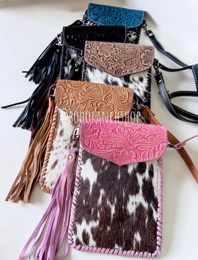 Phone Crossbody Western Tooled Leather Phone Mobile Purse: Turquoise Black