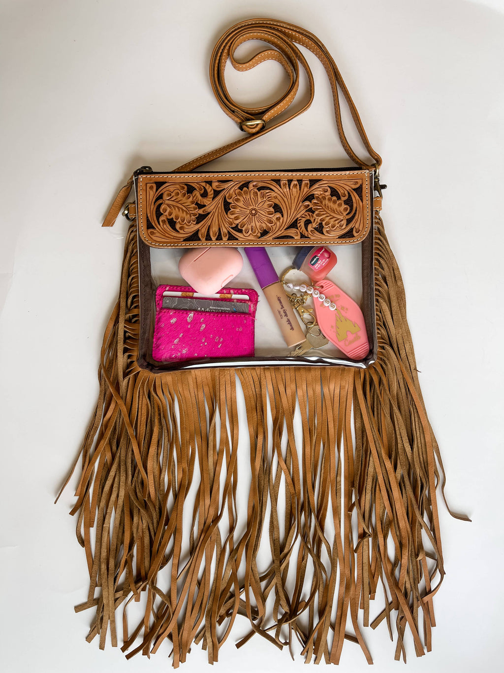 Hand Tooled Clear Purse Crossbody - Concert Game Day Stadium: BROWN/ TAN