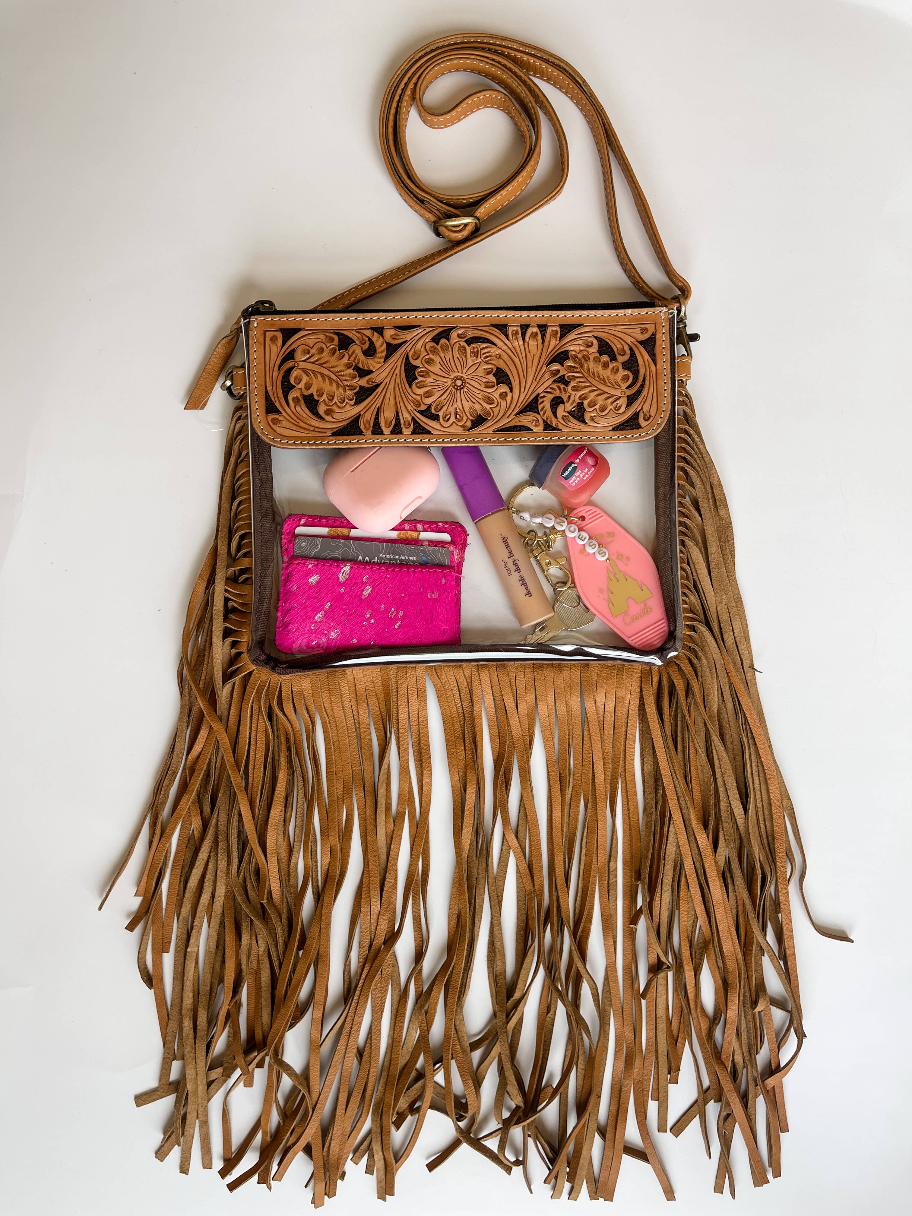 Hand Tooled Clear Purse Crossbody - Concert Game Day Stadium: TAN/ BROWN