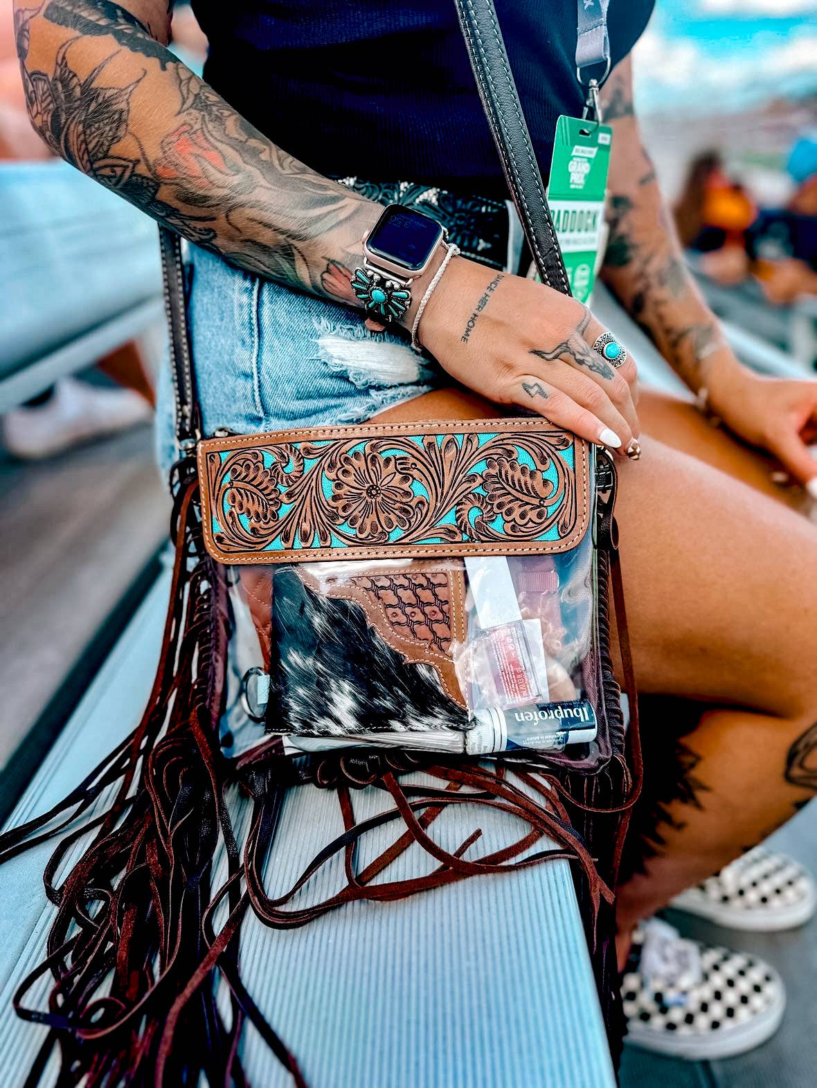 Hand Tooled Clear Purse Crossbody - Concert Game Day Stadium: BROWN/ TAN
