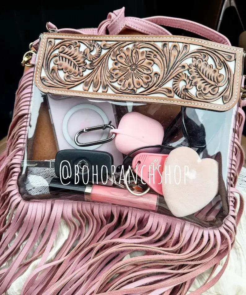 Hand Tooled Clear Purse Crossbody - Concert Game Day Stadium: BROWN/ TAN