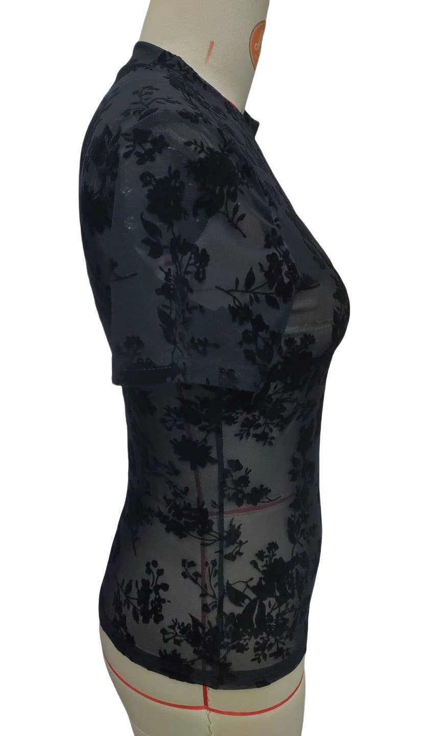 Mesh T-Shirt with Floral Print: Black / Missy / XL