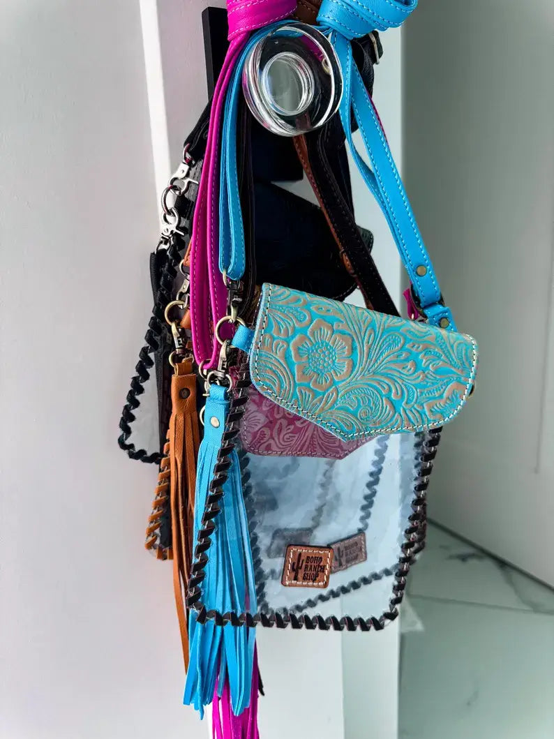 Phone Clear Crossbody Western Tooled Leather Mobile Purse: Black Leather