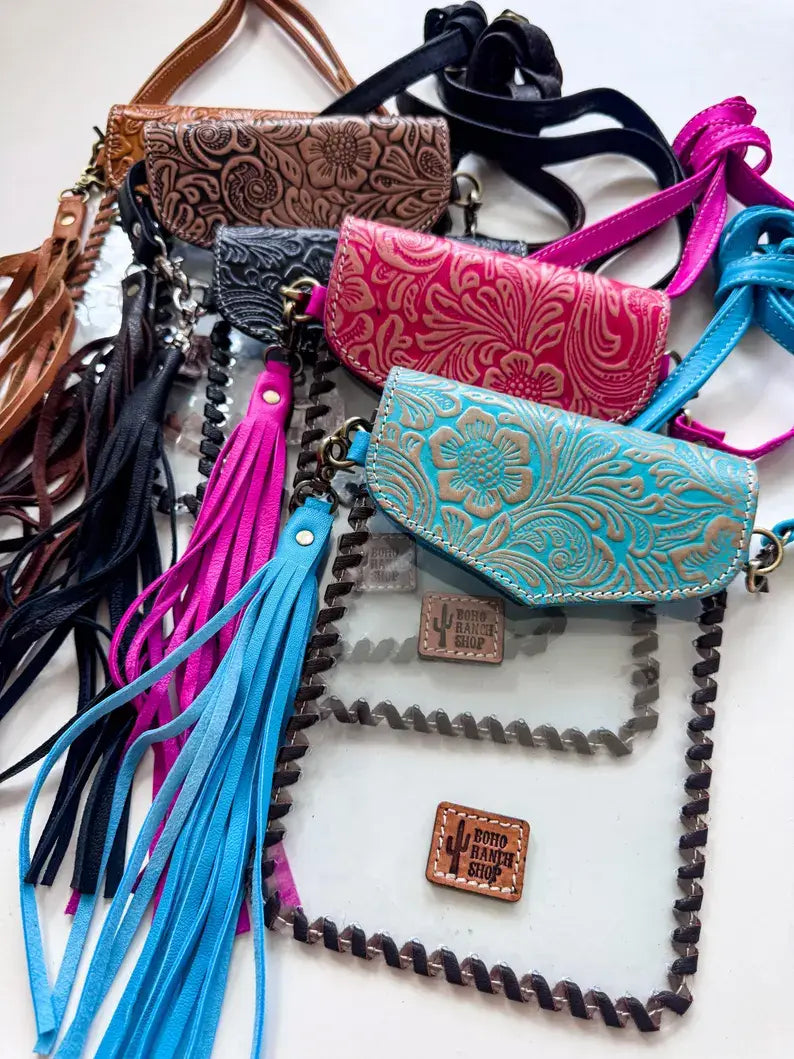 Phone Clear Crossbody Western Tooled Leather Mobile Purse: Brown Leather
