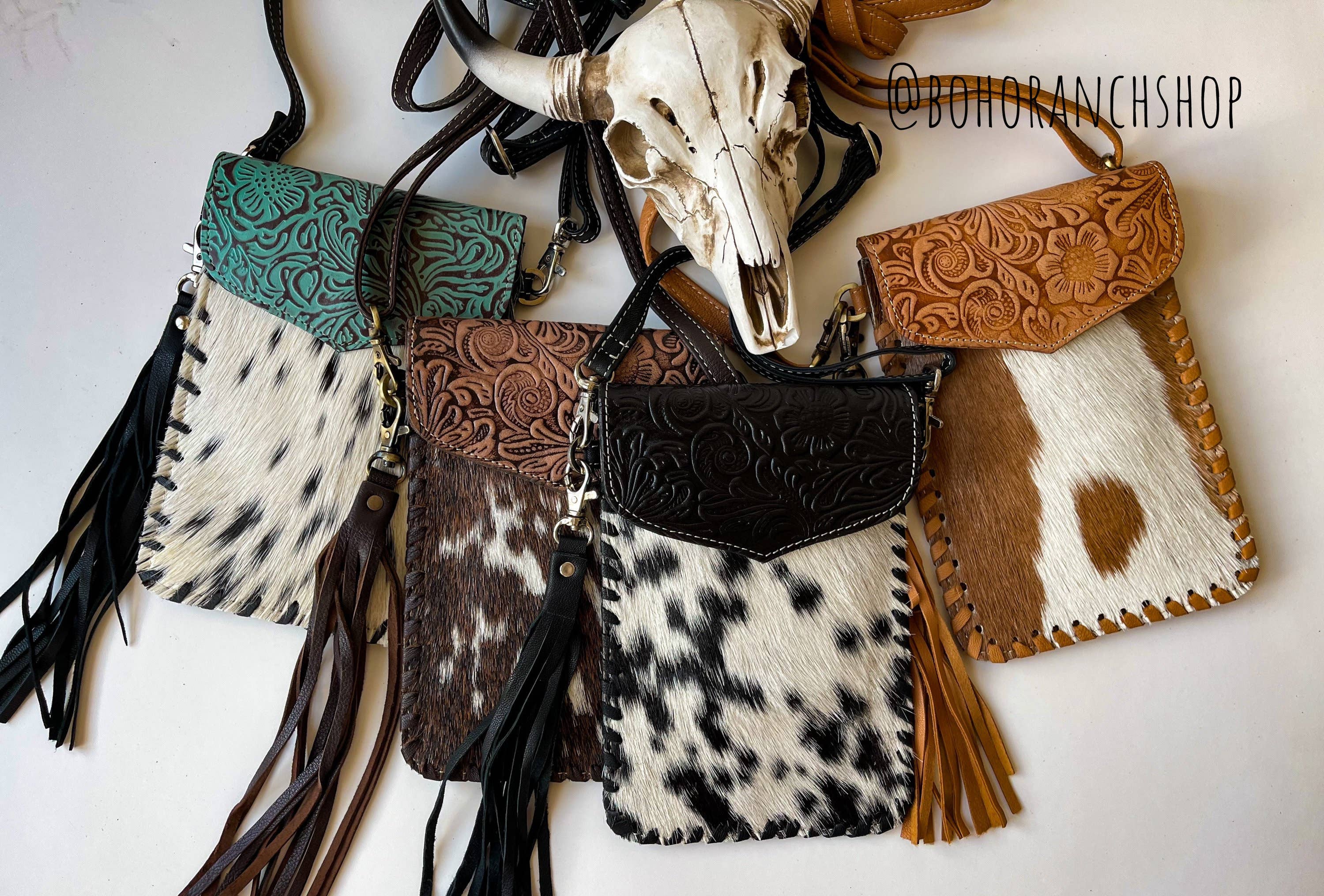 Phone Crossbody Western Tooled Leather Phone Mobile Purse: Turquoise Black