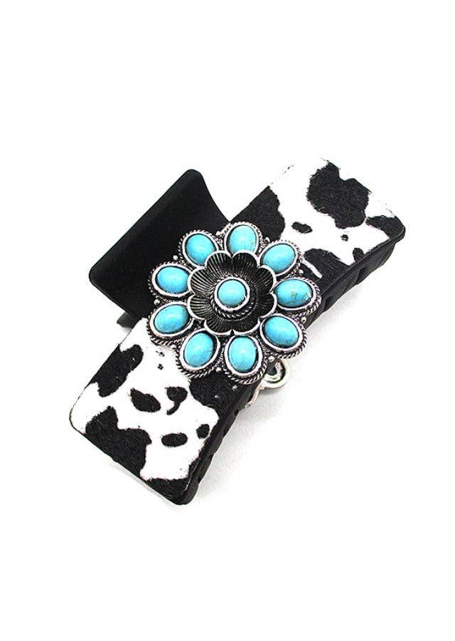 WESTERN COWHIDE STYLE FLOWER CONCHO HAIR CLAW: TURQUOISE
