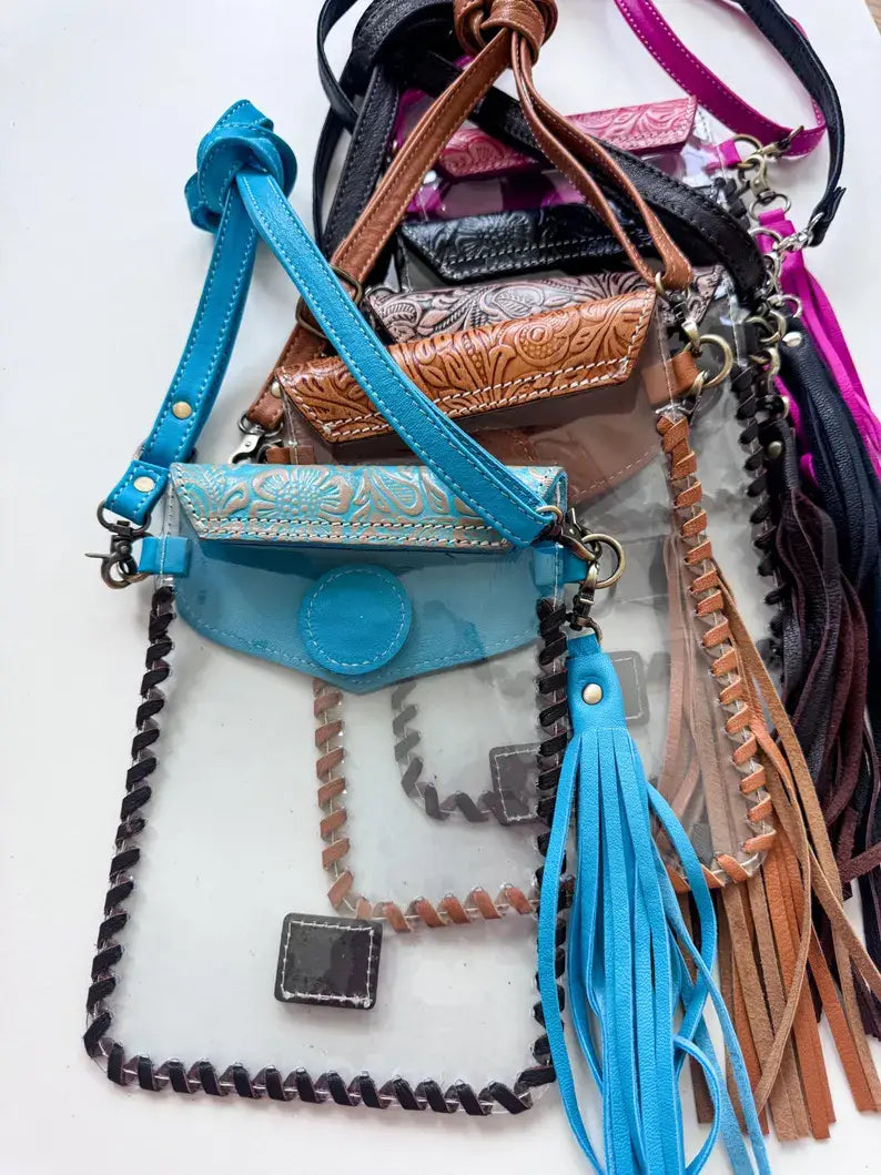 Phone Clear Crossbody Western Tooled Leather Mobile Purse: Brown Leather
