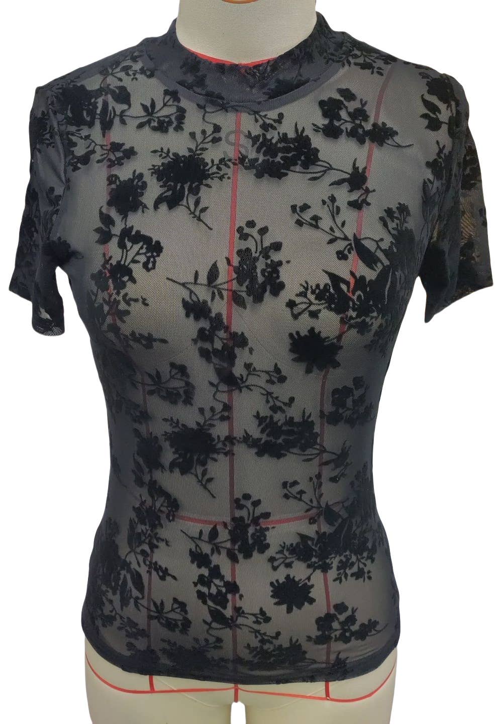 Mesh T-Shirt with Floral Print: Black / Missy / XL