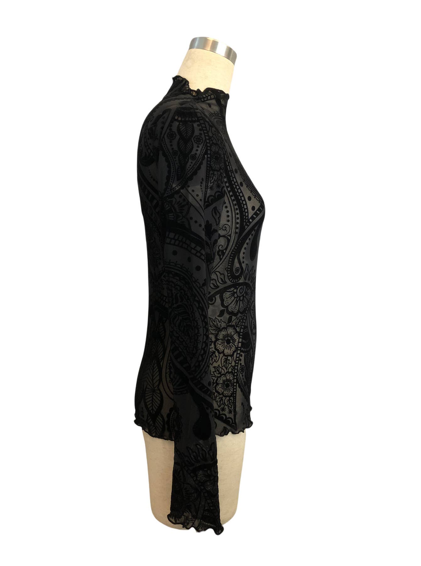 Paisley Velvet Print Mesh Top: Black / Missy / M