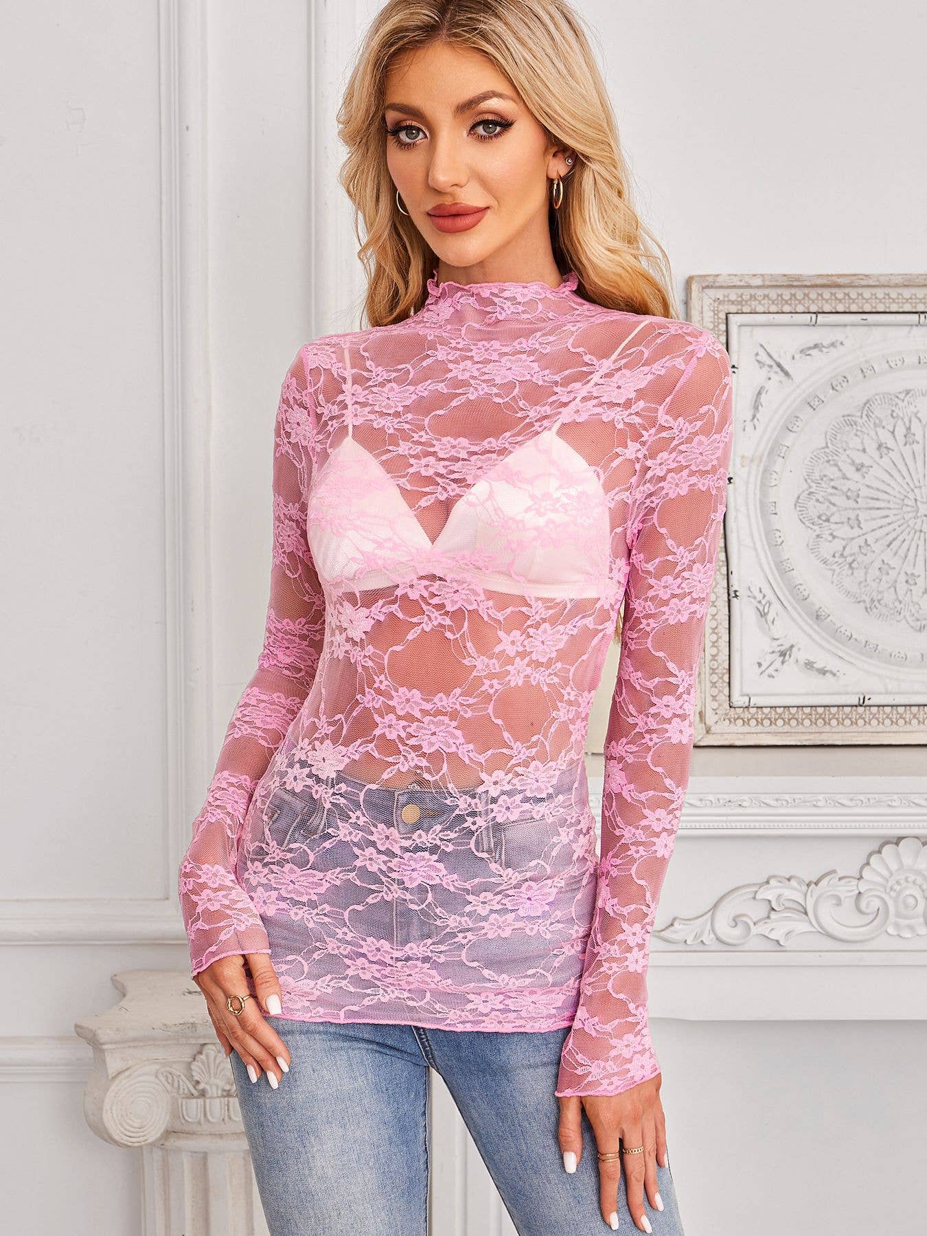 Lace Long Sleeve Top: Pink / Missy / 2XL