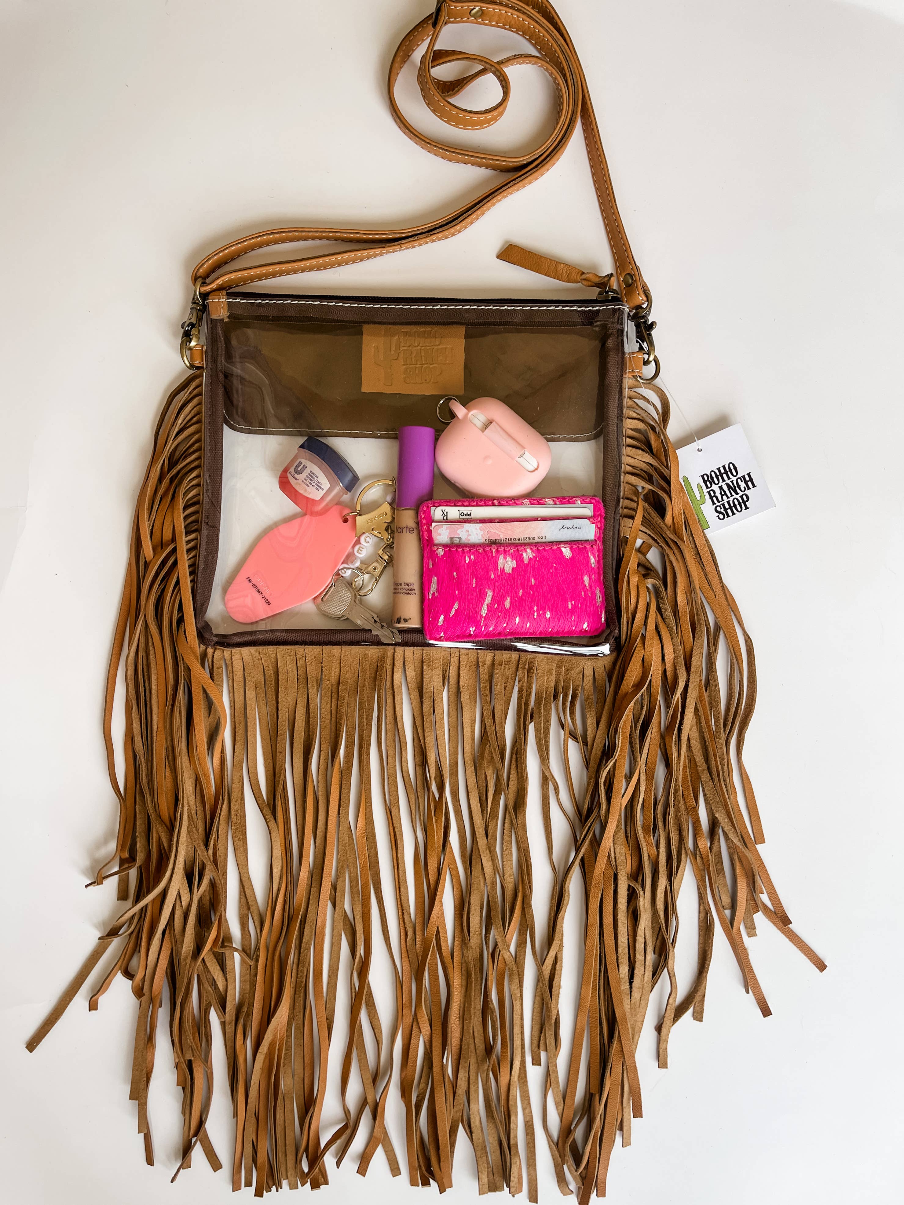 Hand Tooled Clear Purse Crossbody - Concert Game Day Stadium: BROWN/ TAN
