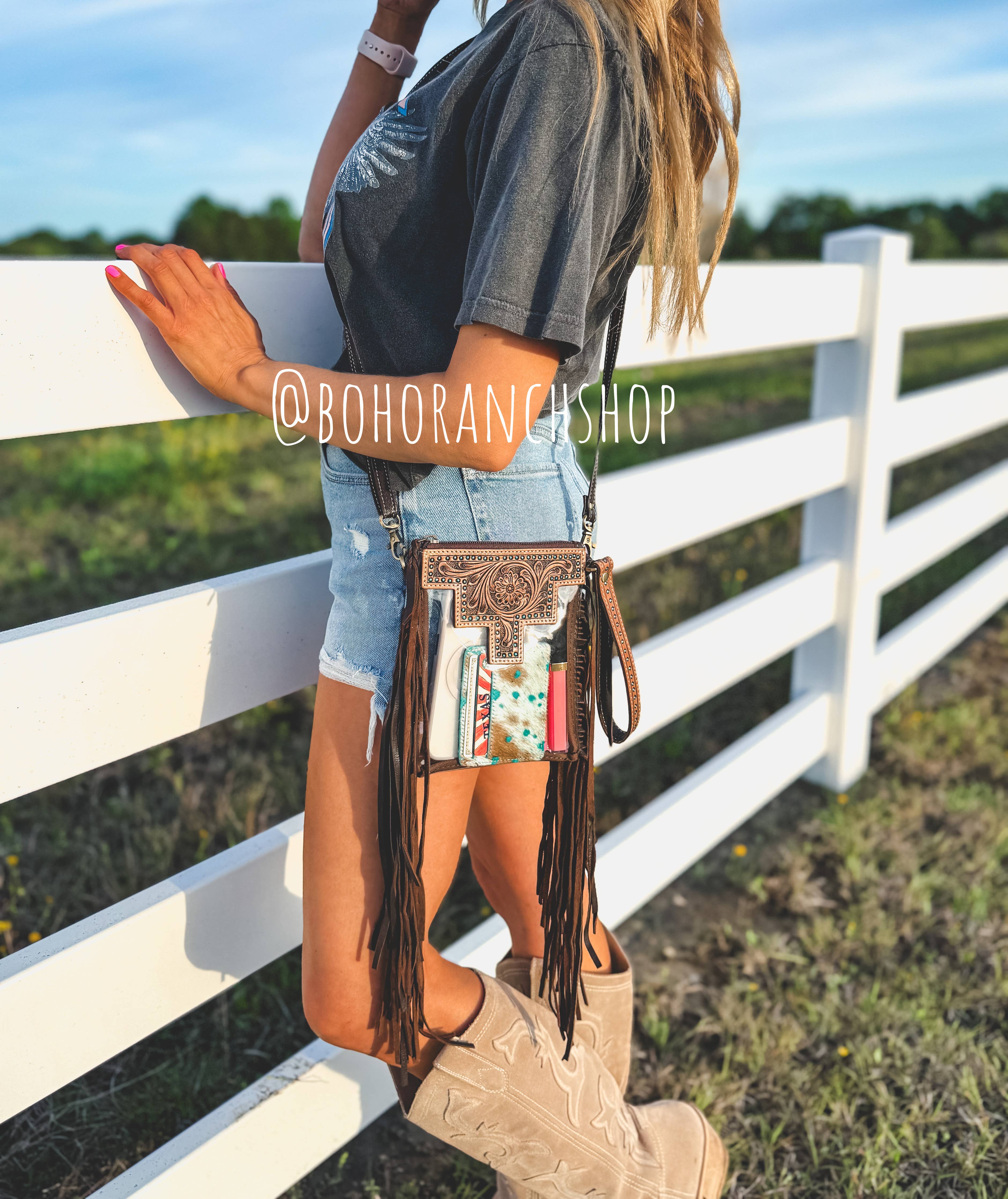 SHAYNE SMALL - Hand Tooled Clear Crossbody Concert bag: TAN