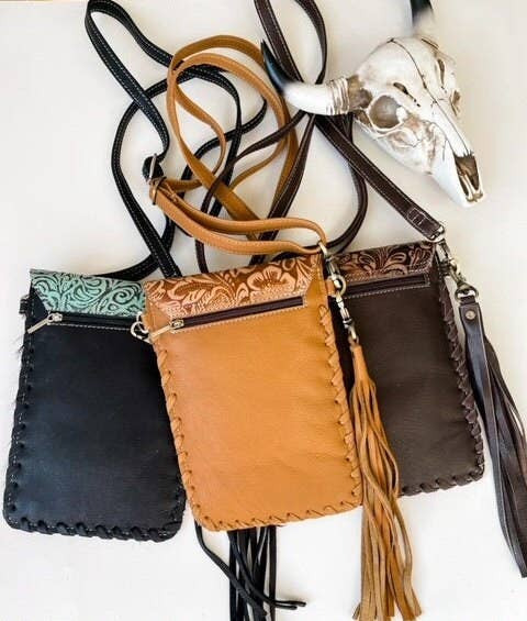 Phone Crossbody Western Tooled Leather Phone Mobile Purse: Turquoise Black