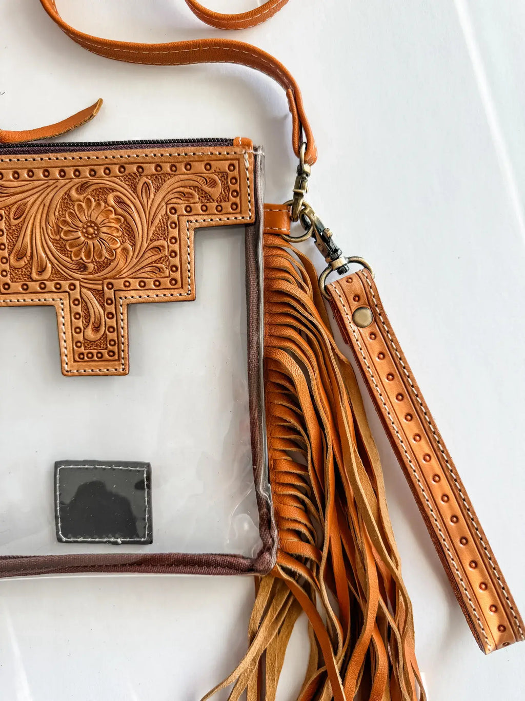 SHAYNE SMALL - Hand Tooled Clear Crossbody Concert bag: Brown