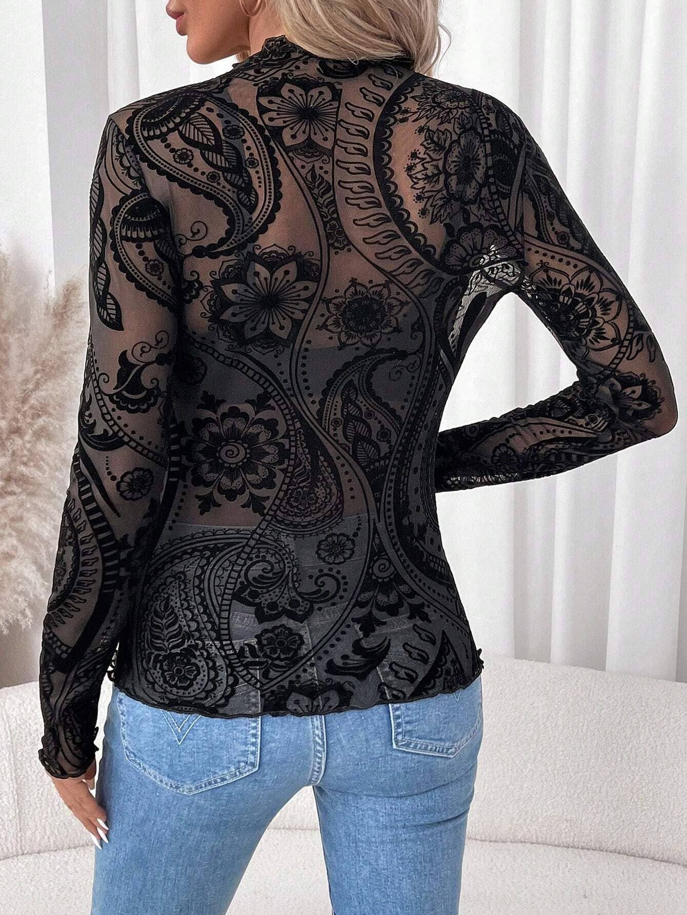 Paisley Velvet Print Mesh Top: Black / Missy / 2XL