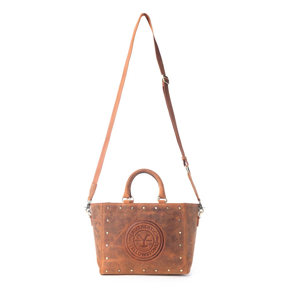 Yellowstone Valley Soul Studded & Embossed Tote Leather Bag in Amber: Dark Brown