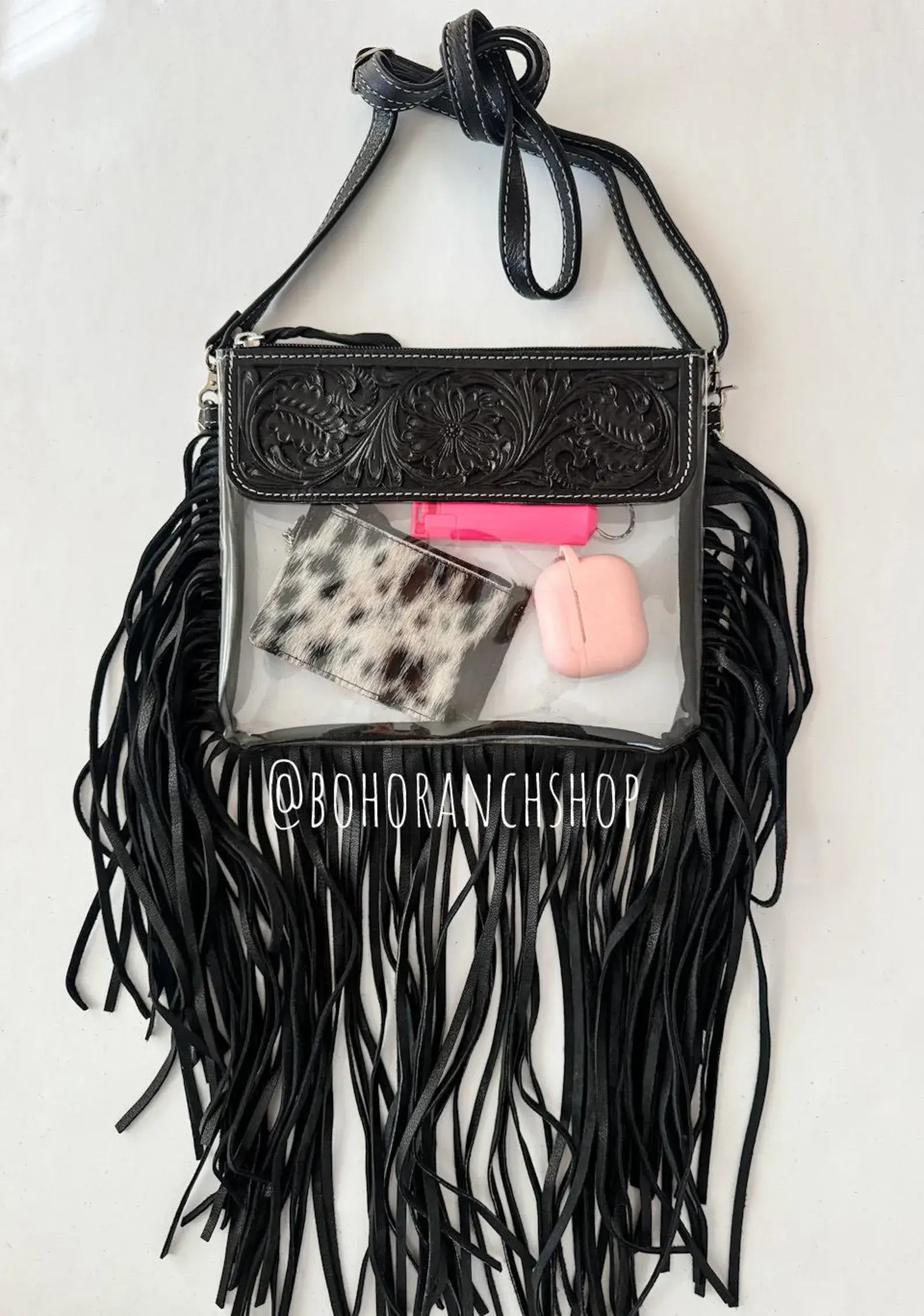 Hand Tooled Clear Purse Crossbody - Concert Game Day Stadium: BROWN/ TAN