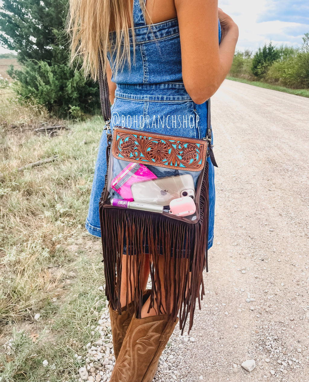 Hand Tooled Clear Purse Crossbody - Concert Game Day Stadium: BROWN/ TAN