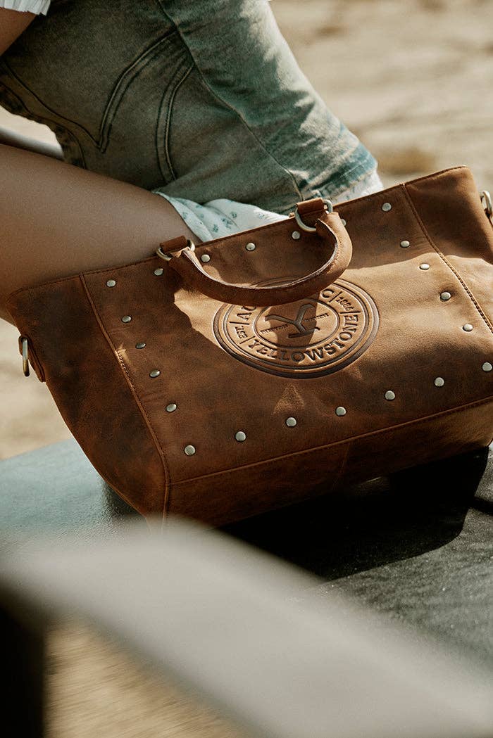 Yellowstone Valley Soul Studded & Embossed Tote Leather Bag in Amber: Dark Brown