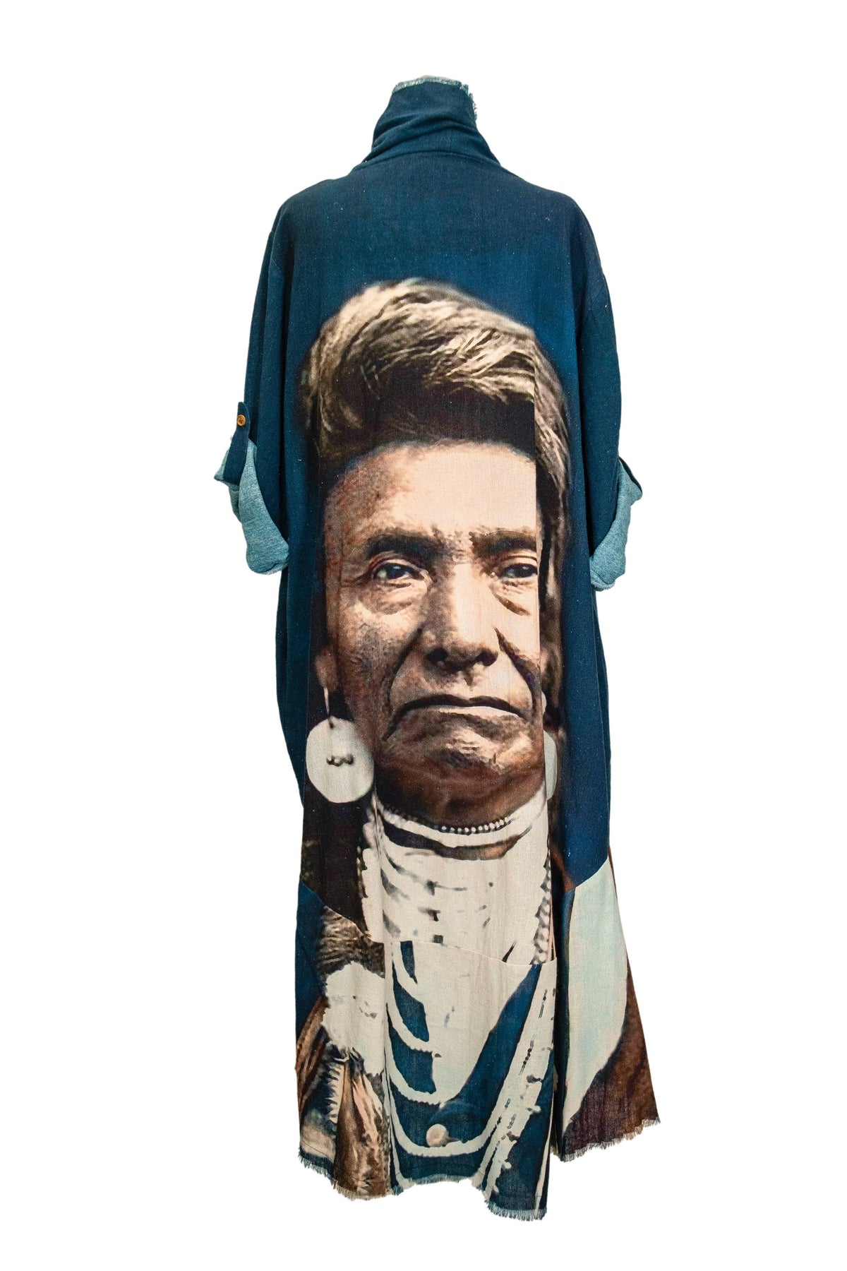 Duster with Chief Joseph Print in Denim Blue or Dark Gray: Charcoal Gray