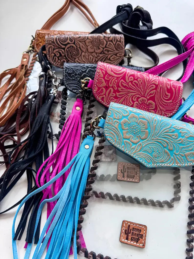 Phone Clear Crossbody Western Tooled Leather Mobile Purse: Pink Leather