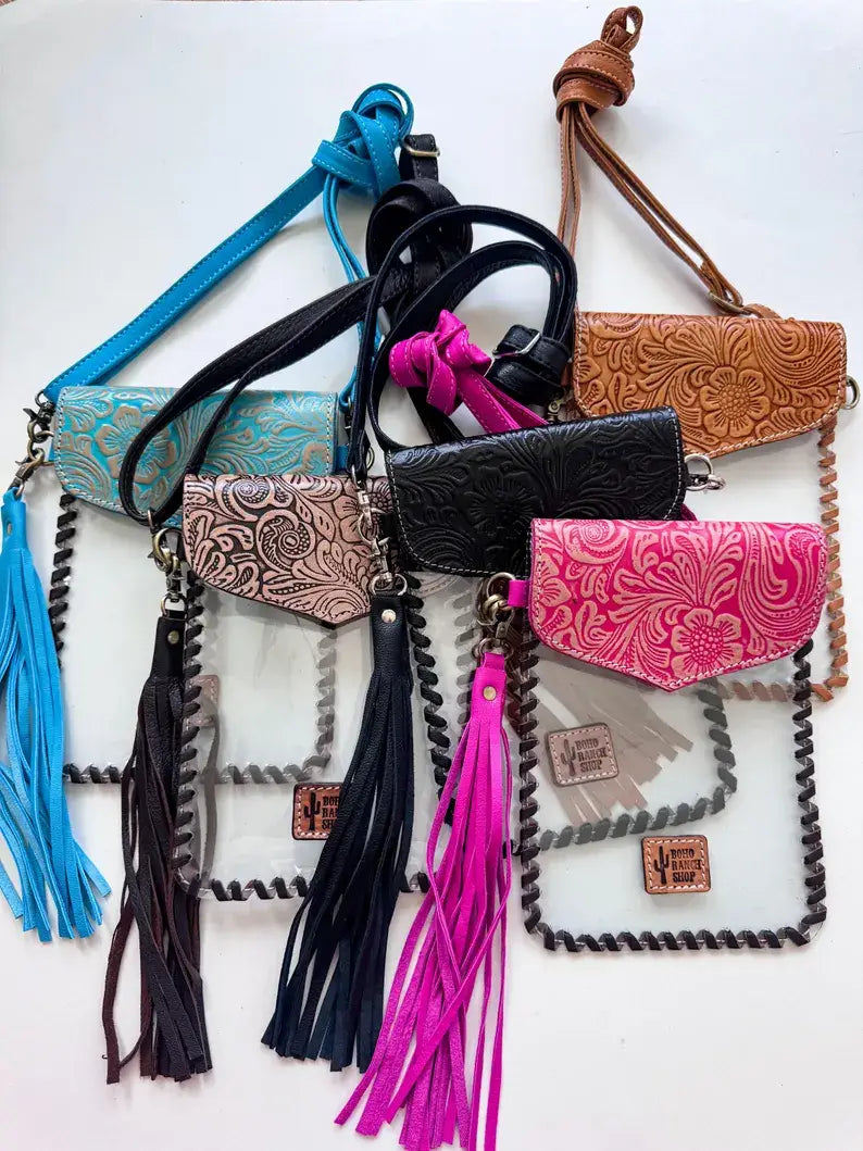 Phone Clear Crossbody Western Tooled Leather Mobile Purse: Brown Leather