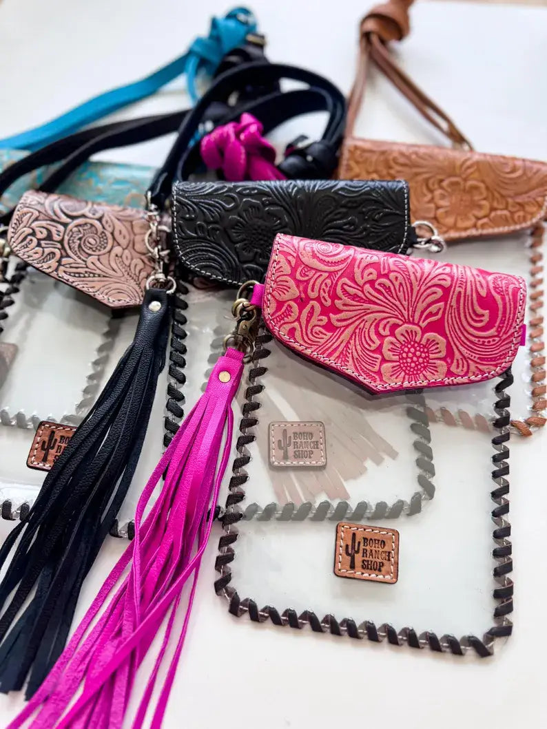 Phone Clear Crossbody Western Tooled Leather Mobile Purse: Black Leather