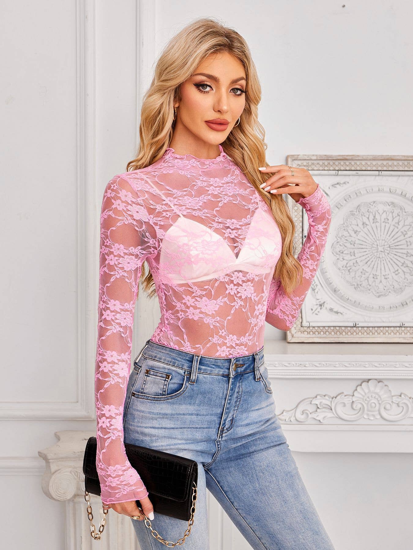 Lace Long Sleeve Top: Pink / Missy / 2XL