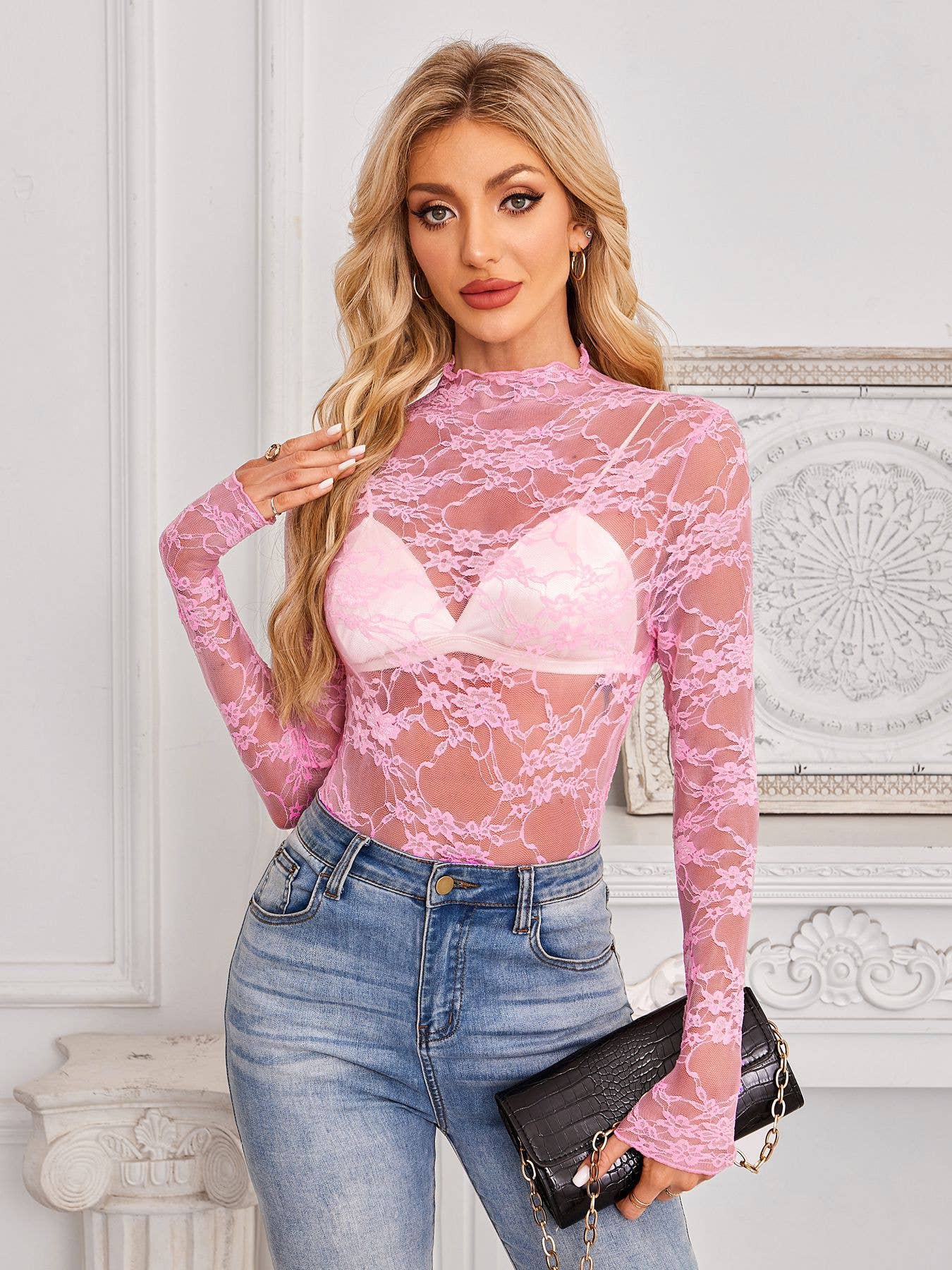 Lace Long Sleeve Top: Pink / Missy / L