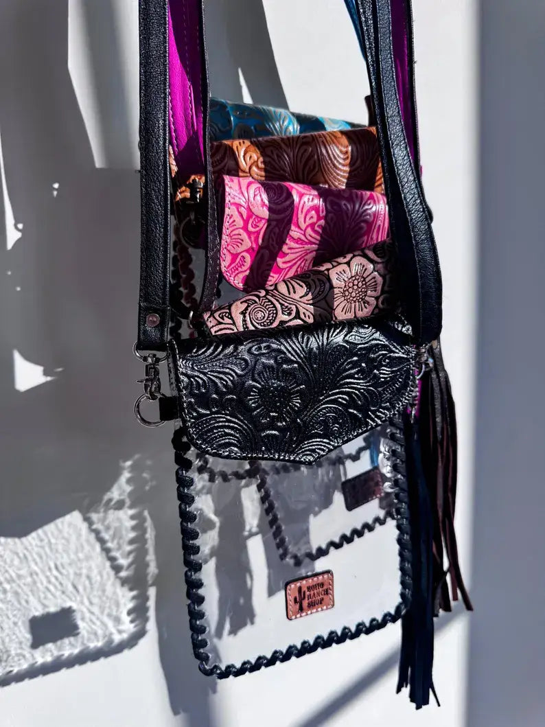 Phone Clear Crossbody Western Tooled Leather Mobile Purse: Black Leather