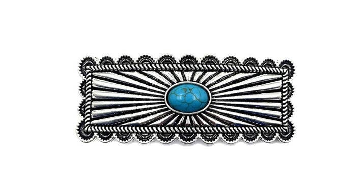 Western Turquoise Etched Metal Plate Hair Barrette