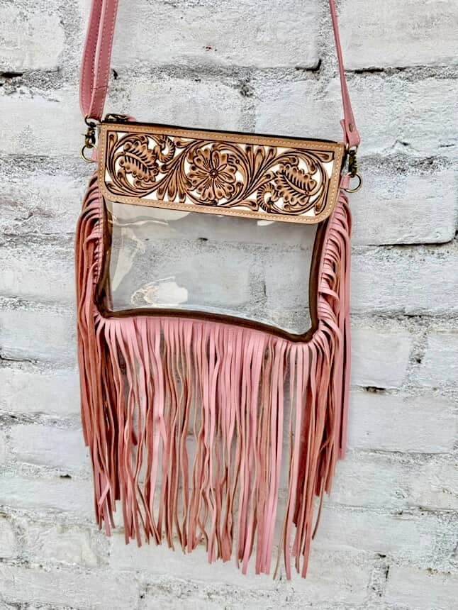 Hand Tooled Clear Purse Crossbody - Concert Game Day Stadium: BROWN/ TAN