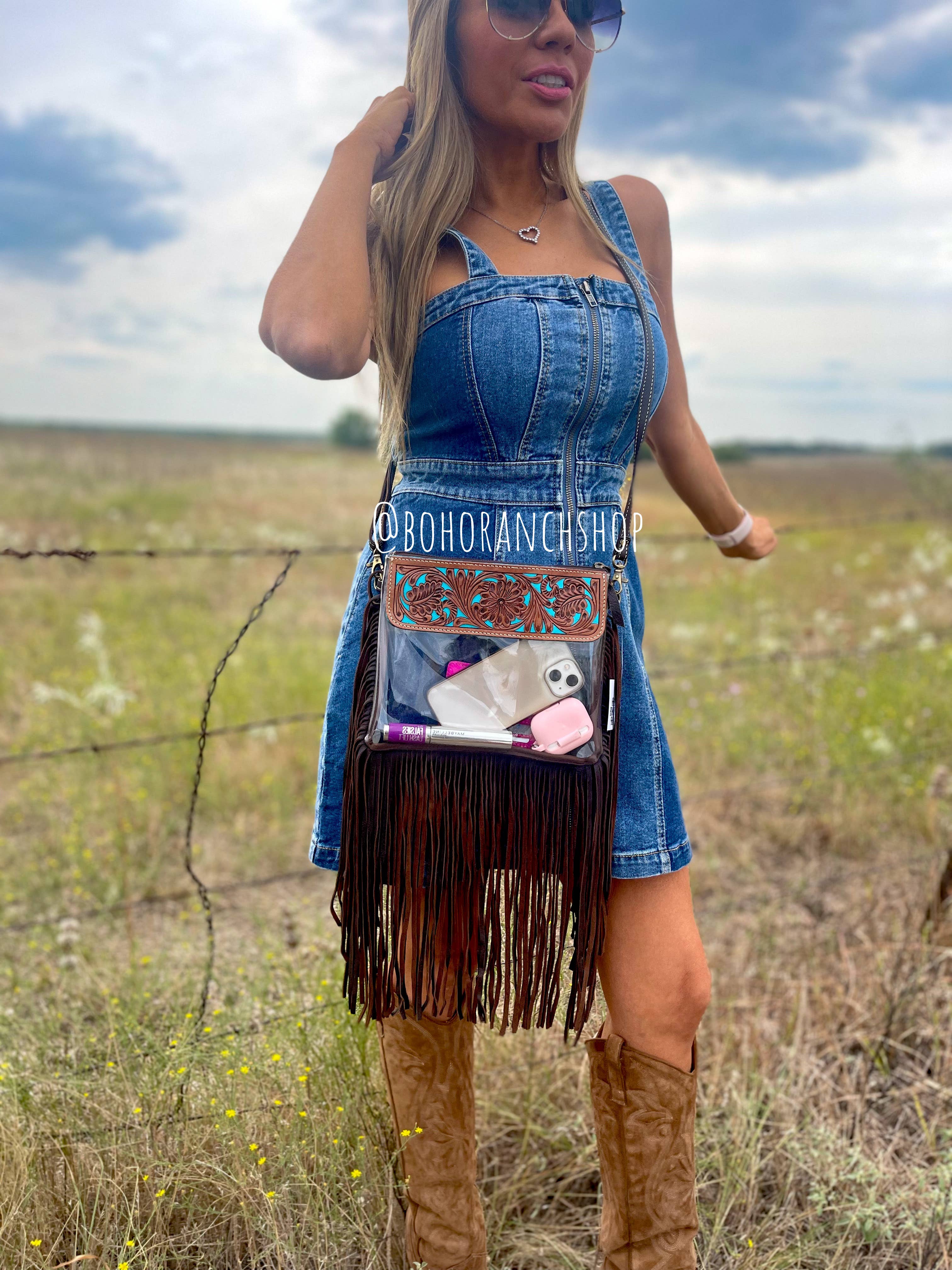Hand Tooled Clear Purse Crossbody - Concert Game Day Stadium: BROWN/ TAN
