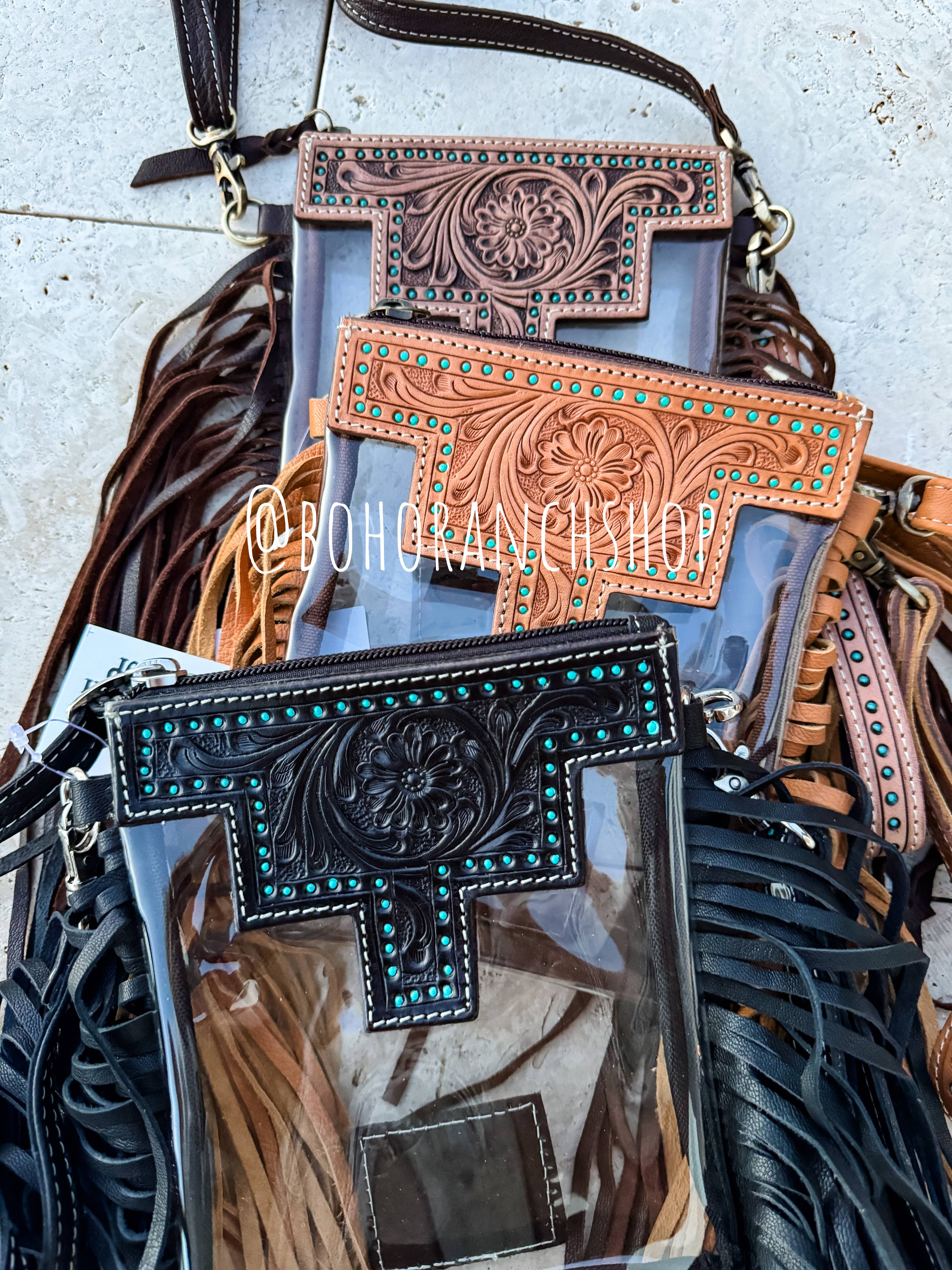 SHAYNE SMALL - Hand Tooled Clear Crossbody Concert bag: Brown