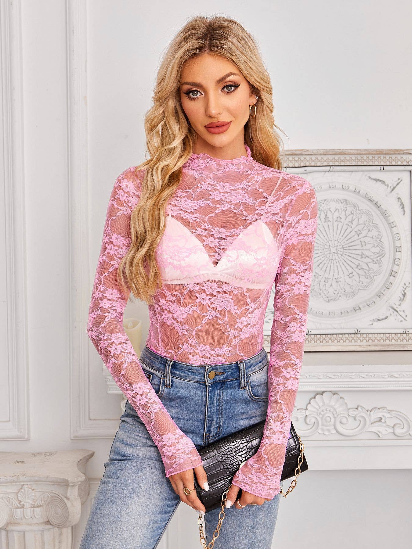Lace Long Sleeve Top: Pink / Missy / L