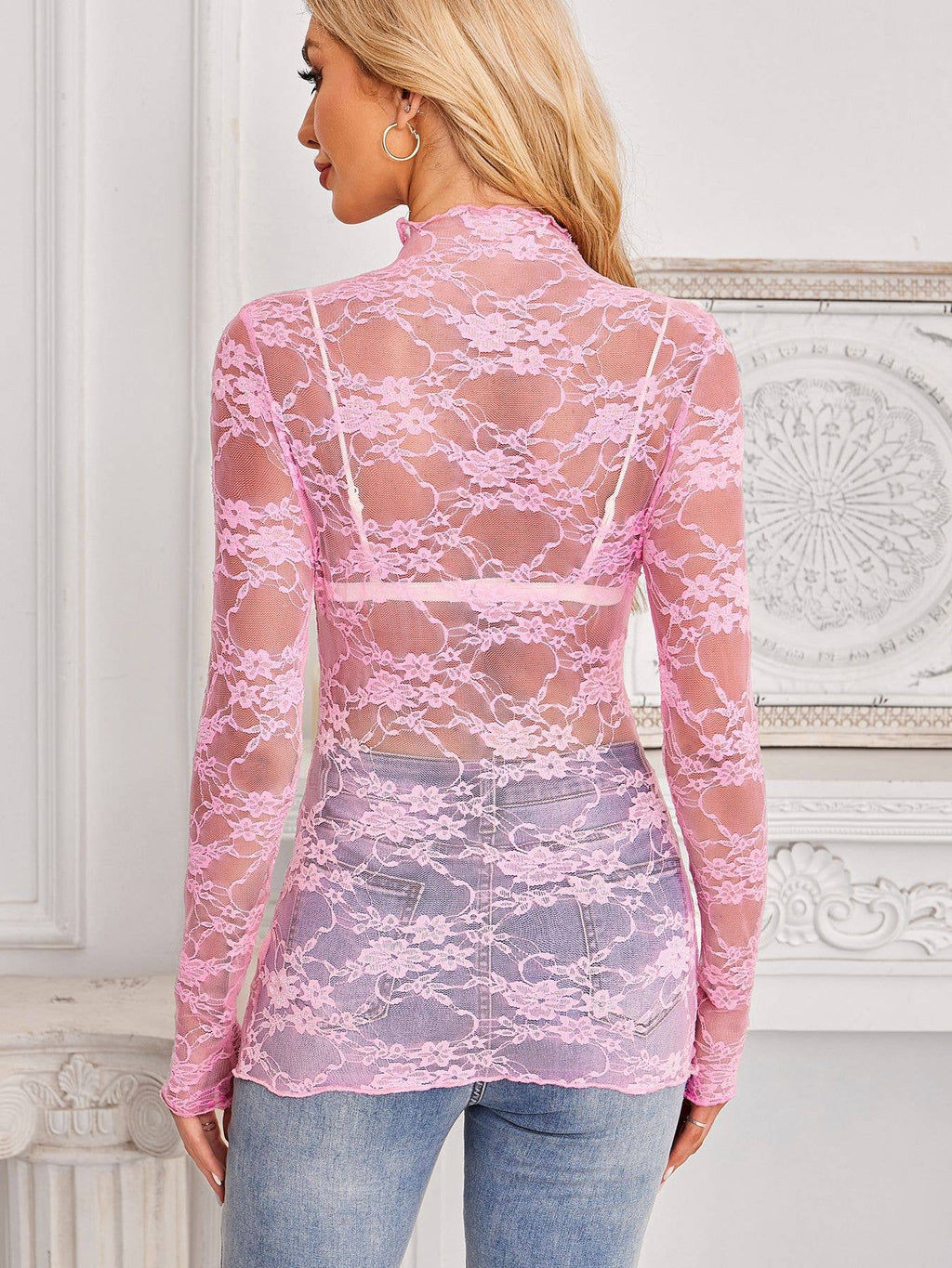 Lace Long Sleeve Top: Pink / Missy / XL