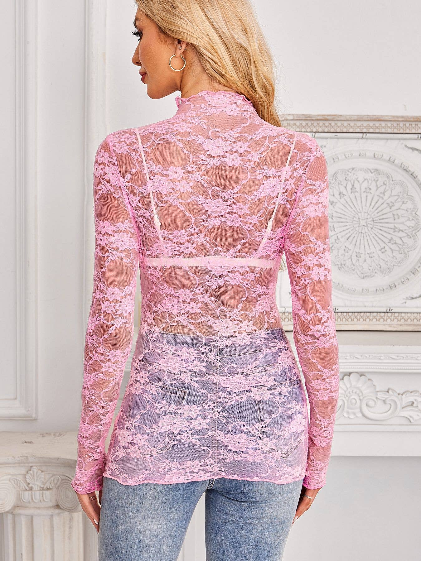 Lace Long Sleeve Top: Pink / Missy / S