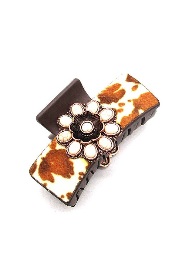 WESTERN COWHIDE STYLE FLOWER CONCHO HAIR CLAW: TURQUOISE