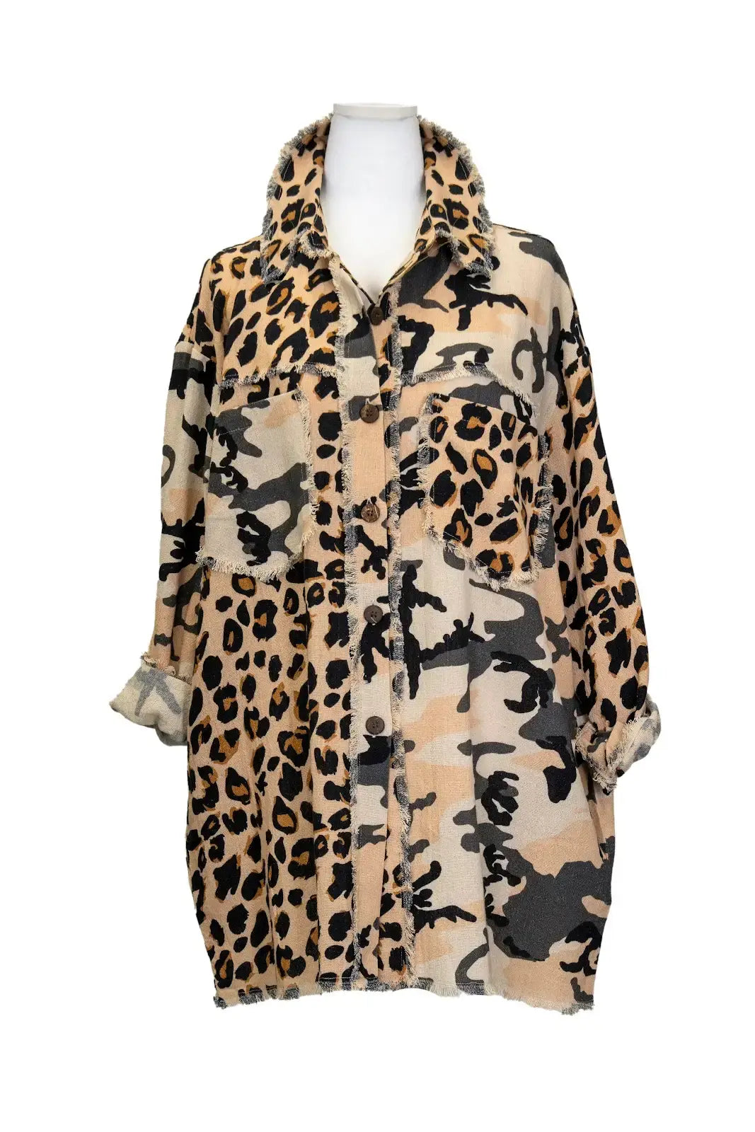 Shacket in Leopard/Camo Print with Native American Patch