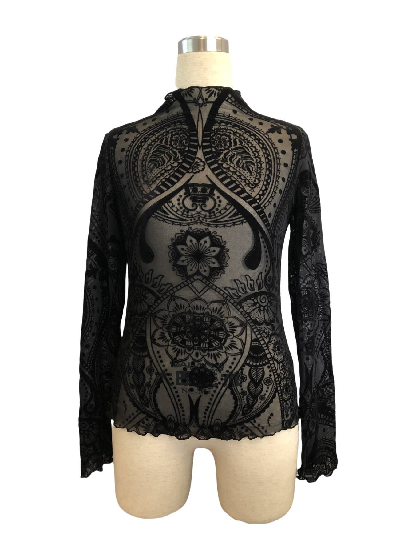 Paisley Velvet Print Mesh Top: Black / Missy / L