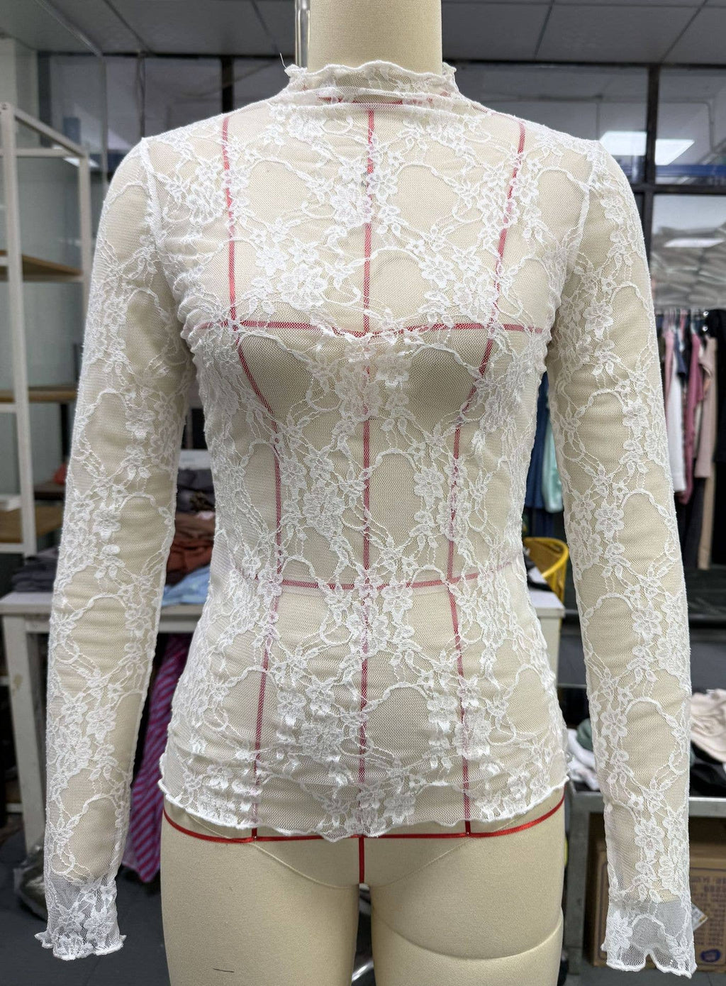 Lace Long Sleeve Top: Pink / Missy / M