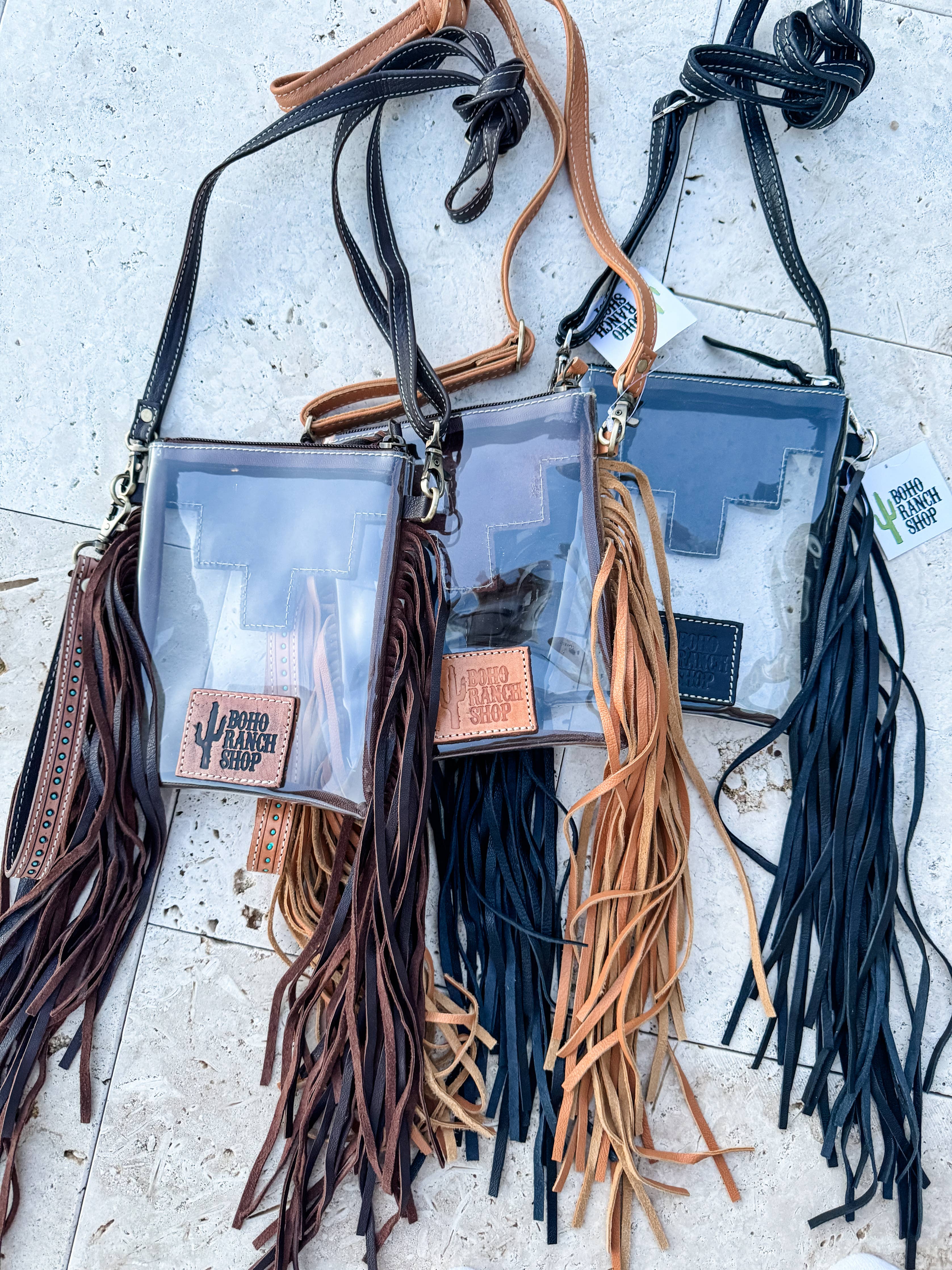 SHAYNE SMALL - Hand Tooled Clear Crossbody Concert bag: BROWN - NO FRINGE