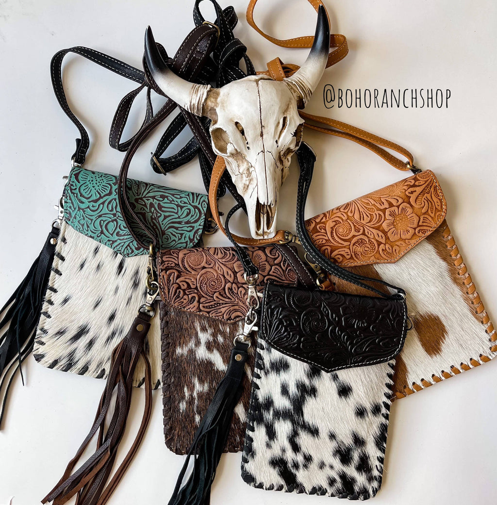 Phone Crossbody Western Tooled Leather Phone Mobile Purse: Turquoise Black